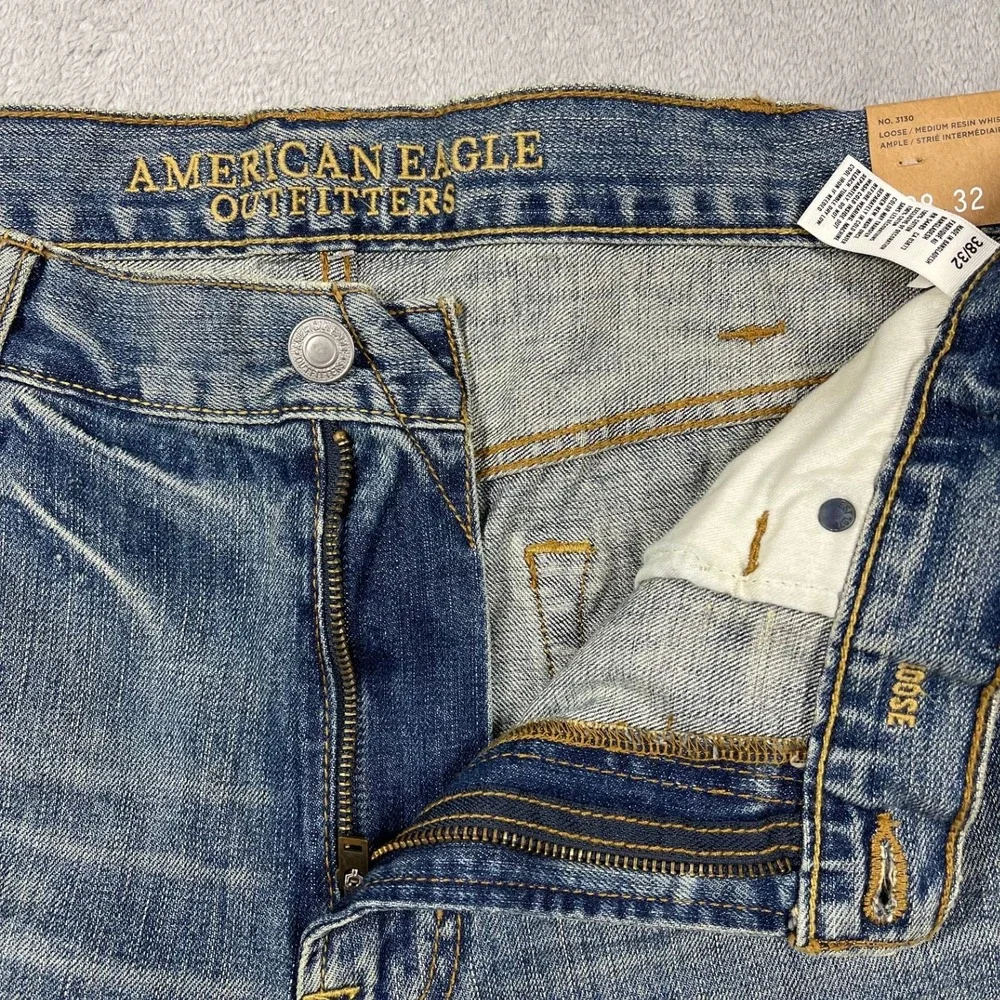 American Eagle Loose‎ Jeans Men 38x32 Blue Medium Wash Whiskered Denim NEW